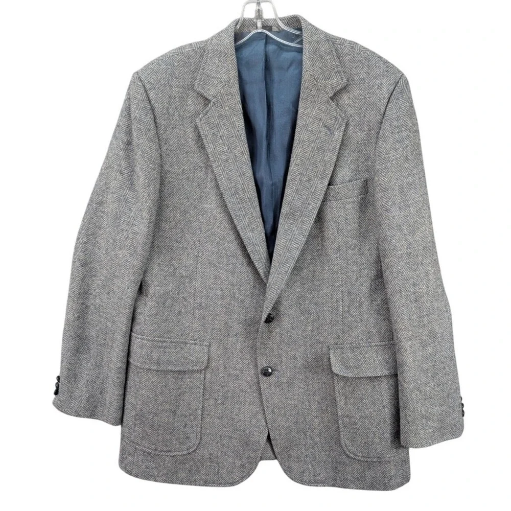 Vintage Haggar Tweed Blazer Jacket Size 44L Wool Gray Blue Herringbone Corpcore